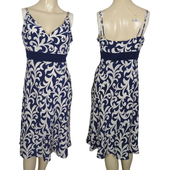 Ann Taylor Silk Slip Dress Blue White Sleeveless V-Neck Spaghetti strap Summer 4 - Picture 1 of 16